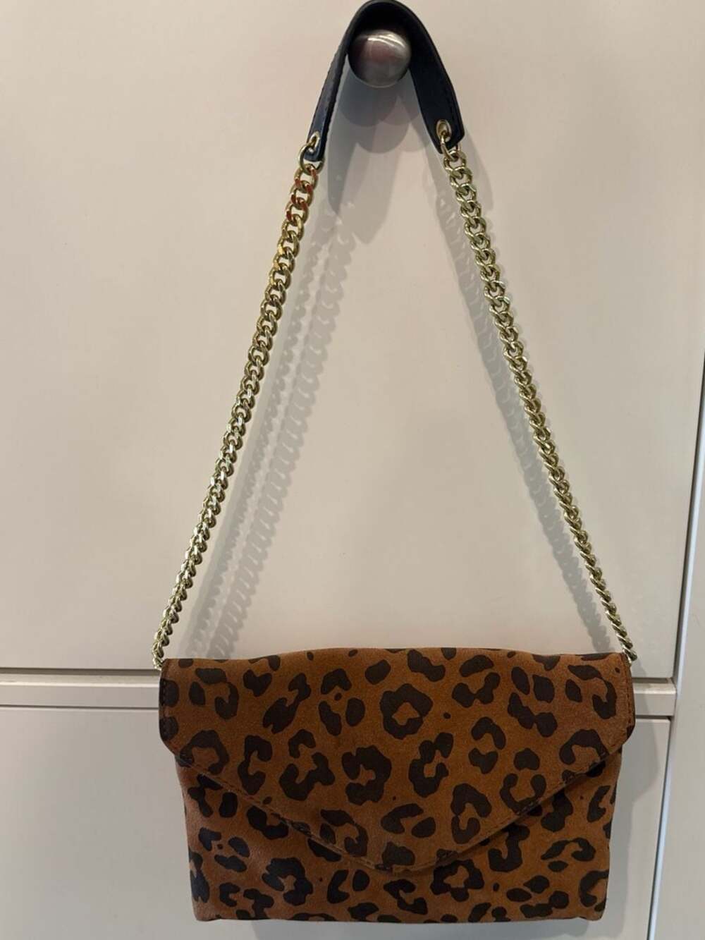 J.Crew Leopard Print Suede Envelope Clutch with Gold Chain Shoulder Strap